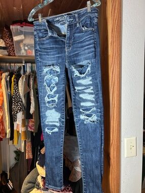 American Eagle Outfitters Distressed Skinny Jeans - Dark Blue Wash